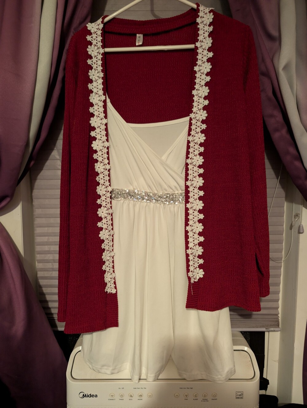 Red Sweater With White Lace And White Tank With Sequin Band